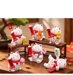 Cute miniature lucky cat figurines set, resin material, perfect for desktop decoration and DIY dolls.