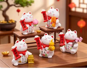 Cute lucky cat miniature figurines set desk ornament micro landscape decoration details