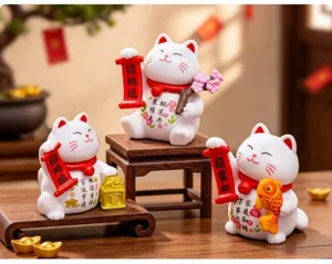 Cute lucky cat miniature figurines desktop ornament resin micro landscape dollhouse decor.