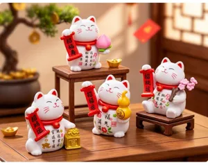 Cute lucky cat miniature figurines for desktop decor, detailed view of resin crafts.