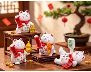 Cute lucky cat figurine detail view, resin craft micro landscape desktop ornament for home decor.