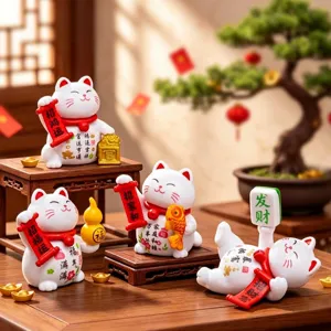 Cute lucky cat resin figurines set for desktop decoration, miniature dollhouse ornament.