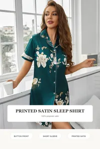 Detailed view of the women's green satin nightshirt featuring delicate floral prints, short sleeves.