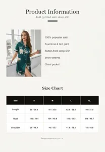 Detailed size chart and specifications of teal floral printed satin short sleeve sleep shirt.