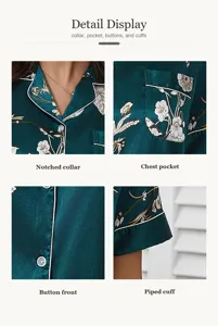 Detailed view of women's floral printed ice silk pajama top showing collar, pocket and cuffs.