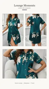 Green floral printed satin sleepwear short sleeve nightshirt for women, smooth and comfy.