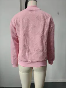Women pink textured long sleeve bomber jacket casual ribbed collar outerwear coat top