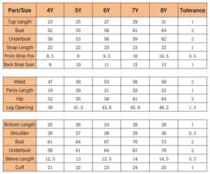 Detailed size chart for children swimwear, showing measurements and age 4Y to 8Y specifications.