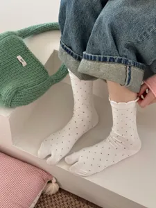 Cute white polka dot split toe socks for women, breathable cotton cute ruffle crew socks.