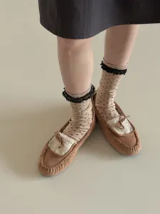 Women's floral print mid-calf socks with black lace trim sweet style footwear fashion cute