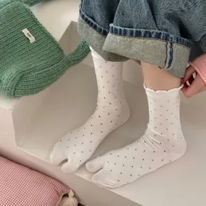Women white polka dot split toe tabi socks main view showing cute cotton casual hosiery.