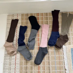 Chaussettes empilées colorblock pour femmes rétro tricot côtelé coton longues chaussettes automne
