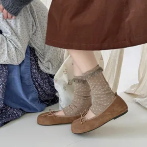 Cozy women stirrup socks with cute floral lace trim, soft autumn winter casual socks.