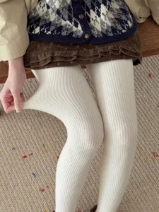 Women's autumn winter Korean style solid color ribbed knit tights warm elastic footed pantyhose