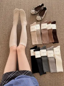 Ribbed knit thermal calf socks for women, winter basic solid color fleece warm hosiery set.