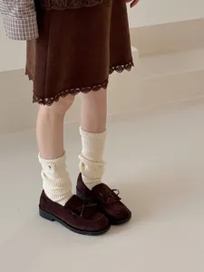 Japanese style knit wool crew socks detail, soft warm winter slouch socks for women.