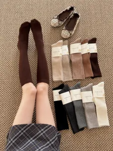 Women autumn winter knit knee high socks solid color ribbed long socks casual hosiery daily wear