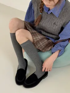Grey knee high socks for women Japanese preppy style cute cotton wool blend ribbed long socks