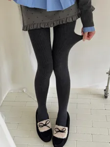 Korean style winter wool ribbed tights for women warm elastic stretch leggings dark grey