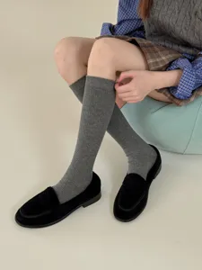 Women's grey ribbed knit knee high socks autumn winter casual solid color warm long tube socks