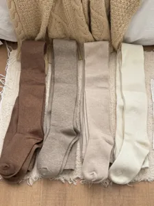 Korean style ribbed wool warm tights and long socks set in four neutral colors for autumn winter.