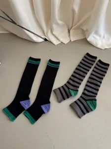 Stripe stirrup socks, retro contrast color long socks, trendy stylish knit hosiery.
