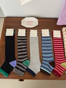 Korean style striped long socks set, combed cotton vintage contrast color casual hosiery.