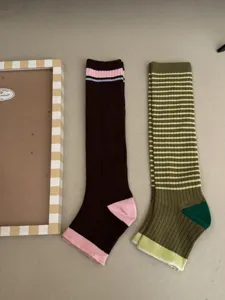 Knit striped stirrup socks for women, vintage colorblock long socks, cozy casual hosiery.
