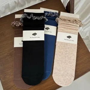 Women ruffles mid-calf socks floral cuff cute casual knit hosiery multi-color pack.