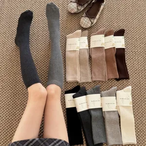 Women Japanese Style Wool Mid-Calf Socks Thicker Warm Fine Striped Boneless Seamless Toe Versatile Retro Fashion Crew Socks