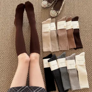 Fall winter solid ribbed knee high socks warm casual soft wool blend stockings for women daily wear