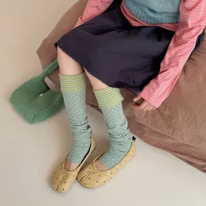 Korean style vintage color block polka dot stirrup socks, trendy layered leg warmers for women.