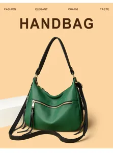 Stylish green leather hobo handbag with black strap and tassel, large capacity daily shoulder bag.