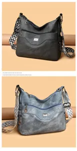 Women large capacity soft leather shoulder bag casual crossbody bag with wide geometric strap