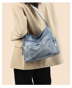 Women shoulder bag large capacity casual denim look soft leather crossbody bag for daily use