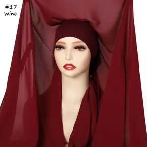 Detailed view of solid color chiffon hijab scarf featuring matched inner cap and magnetic clasp.