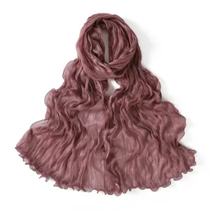 Lightweight pleated chiffon scarf with lettuce edge, shiny sheer shawl for spring and summer.