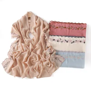 Mujer ligero gasa largo bufanda vintage bordado floral borde ondulado chal elegante
