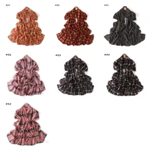 Detailed view of women fashion plaid print chiffon long scarves, multiple color variants.