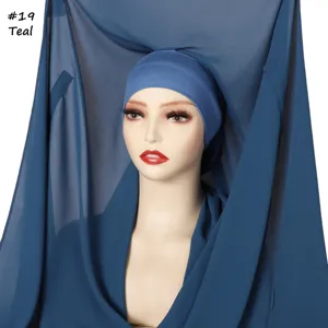 Solid color thick chiffon hijab with inner cap elegant women long headscarf teal.