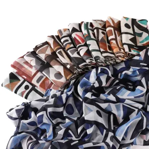 Slub cotton geometric print scarf stylish color blocked long shawl for women daily wear