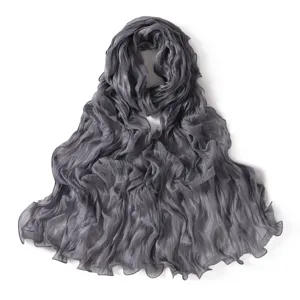 Grey pleated gauze scarf detail, soft elastic chiffon fabric with elegant lettuce edge design.