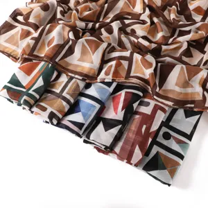 Geometric color block print long scarf soft slub cotton hijab fashion shawl wrap.