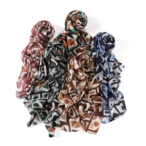 Geometric color block print long scarf soft cotton fashion shawl and headwrap accessory