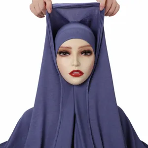 Solid color mercerized cotton integrated long scarf pull-over cap breathable elastic daily women's hijab