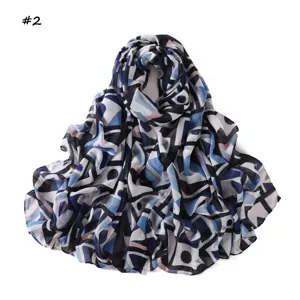 Stylish geometric color-block printed long scarf, soft and lightweight accessory.