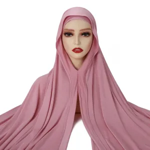 Solid color mercerized cotton long scarf hijab pull-on cap, breathable women daily headwear.