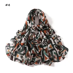 Trendy geometric print long scarf, contrast color block design, soft and lightweight shawl.