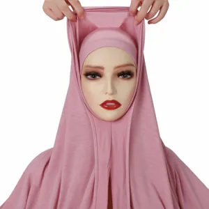Solid color mercerized cotton integrated hijab cap, breathable and stretchy daily wear.