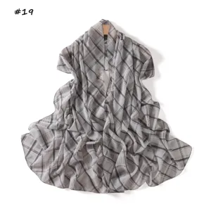 Elegant grey plaid chiffon scarf for women, lightweight summer sunscreen shawl and neck wrap.